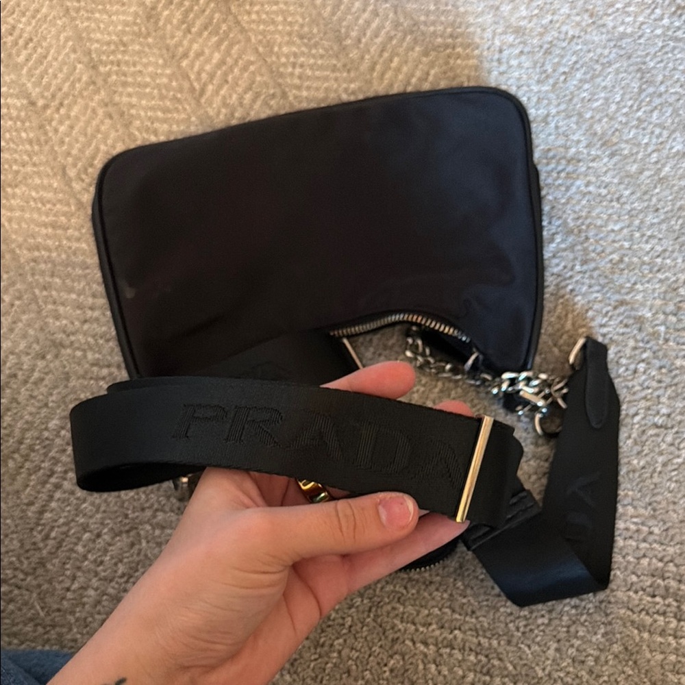 Prada Black Nylon Shoulder Bag with Chain and Detachable Strap - Picture 6 of 8